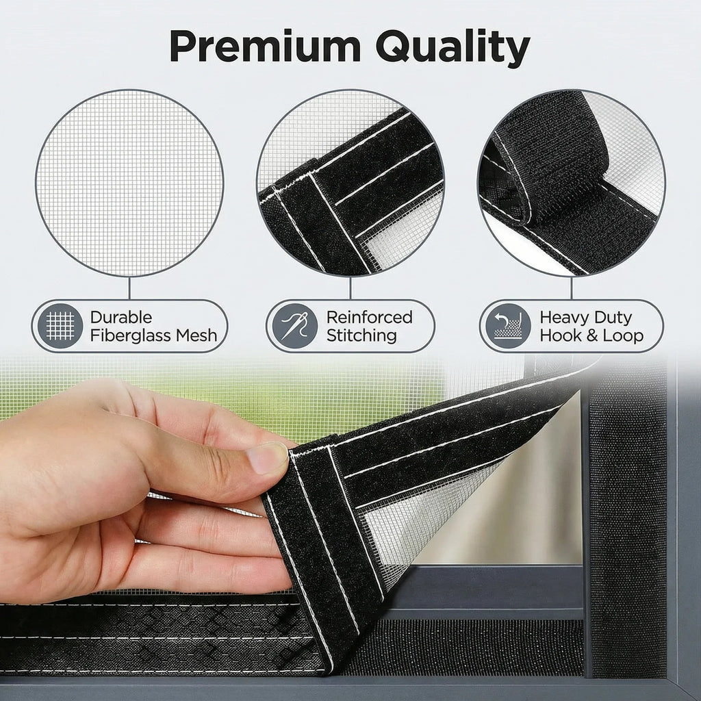 Hand peeling corner of screen door showing durable fiberglass mesh, reinforced stitching, and hook and loop fastener