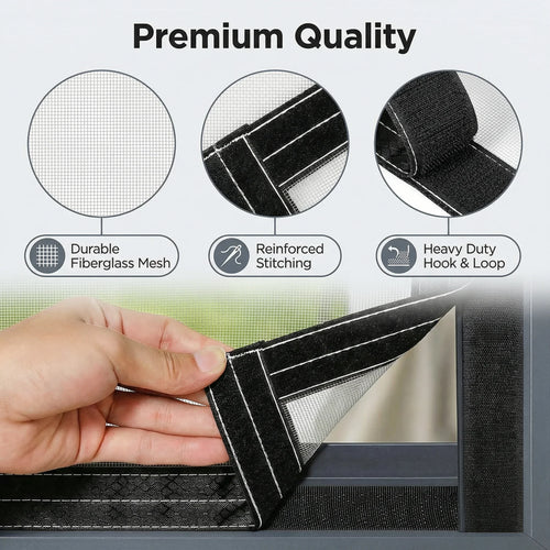Hand peeling corner of screen door showing durable fiberglass mesh, reinforced stitching, and hook and loop fastener
