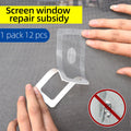Hand applying adhesive screen window repair patch to mesh, 12 pack, prevents insect entry.