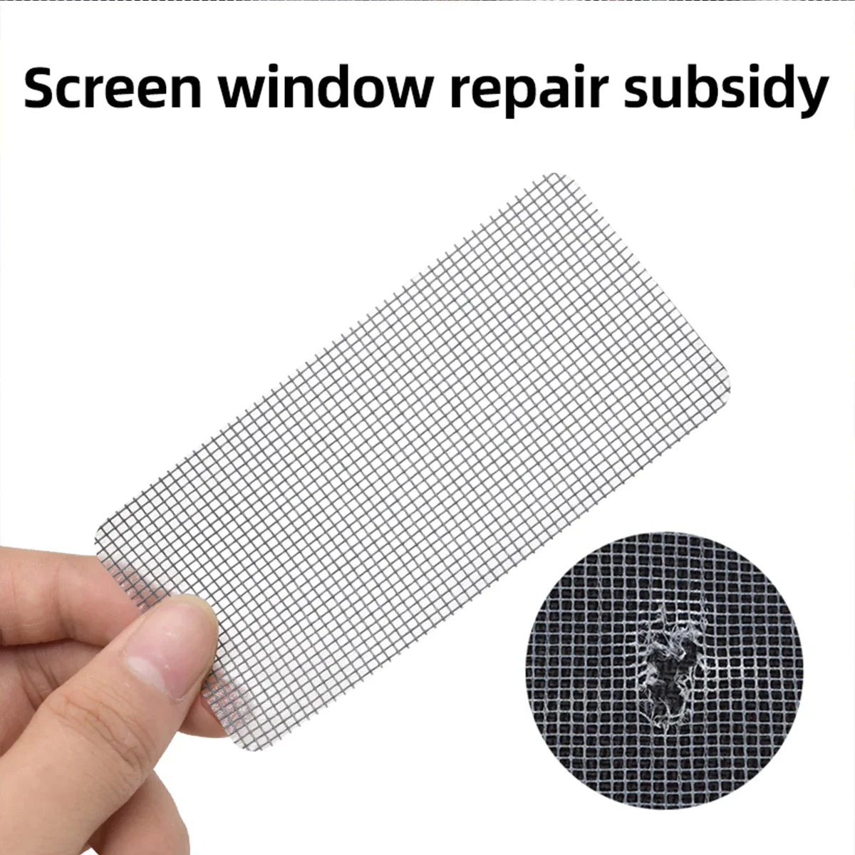 Hand holding a screen mesh repair patch for fixing window screen holes