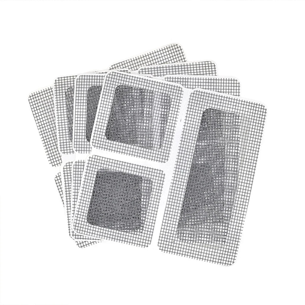 Mesh screen repair patches for windows or doors, various sizes, on white background