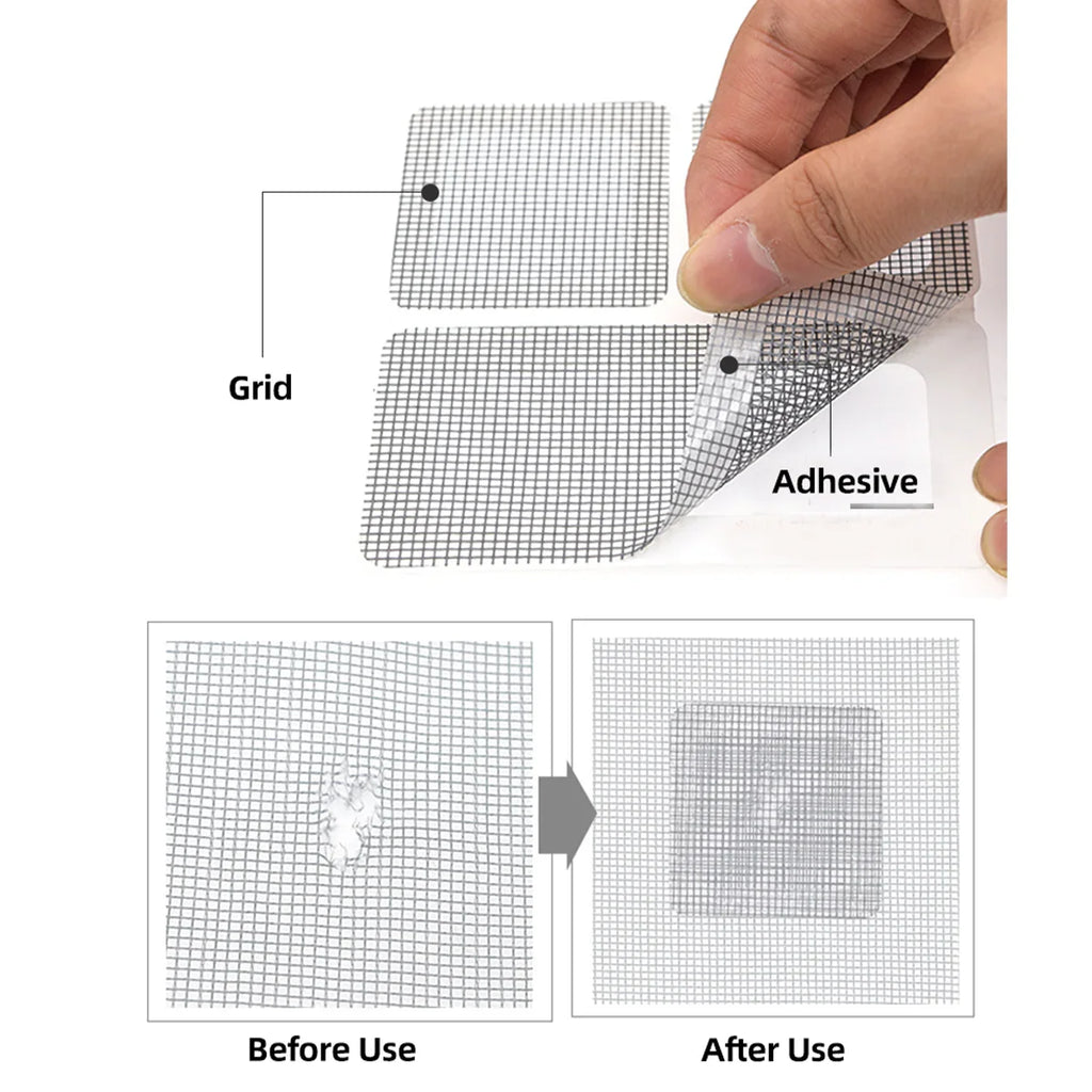 Self-adhesive screen repair patch for fixing mesh holes in windows or doors, before and after use