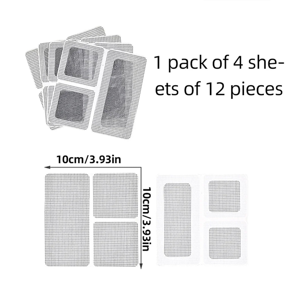 Self-adhesive screen repair patches, 1 pack of 12 mesh pieces, 10cm by 10cm for window screens