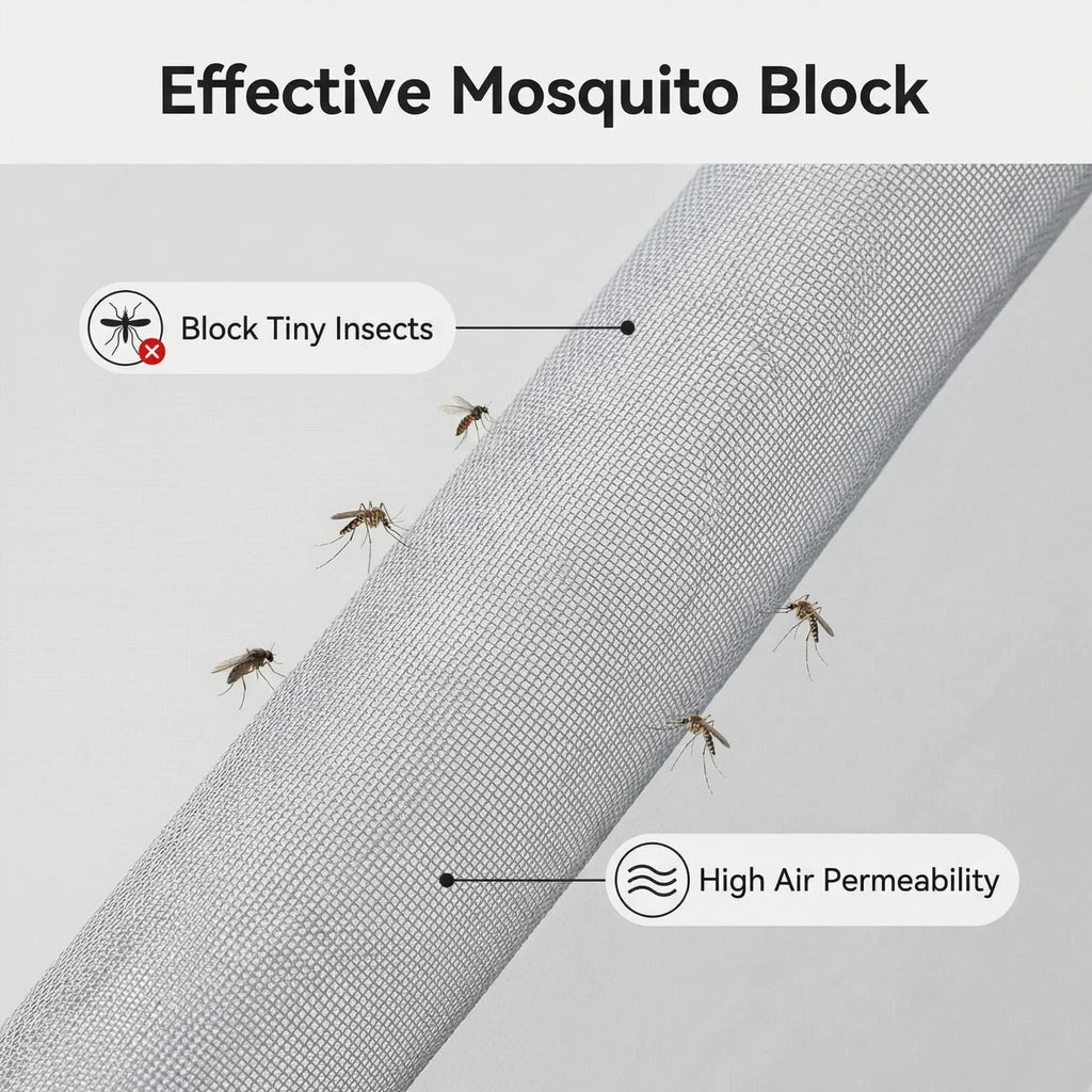 Close-up of mosquito screen mesh blocking insects, with high air permeability feature highlighted.