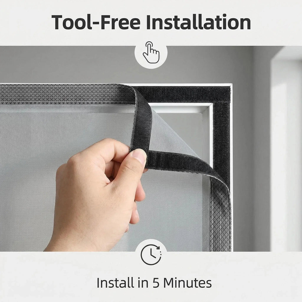 Hand installing mesh window screen with adhesive strip, tool-free, easy 5-minute setup.