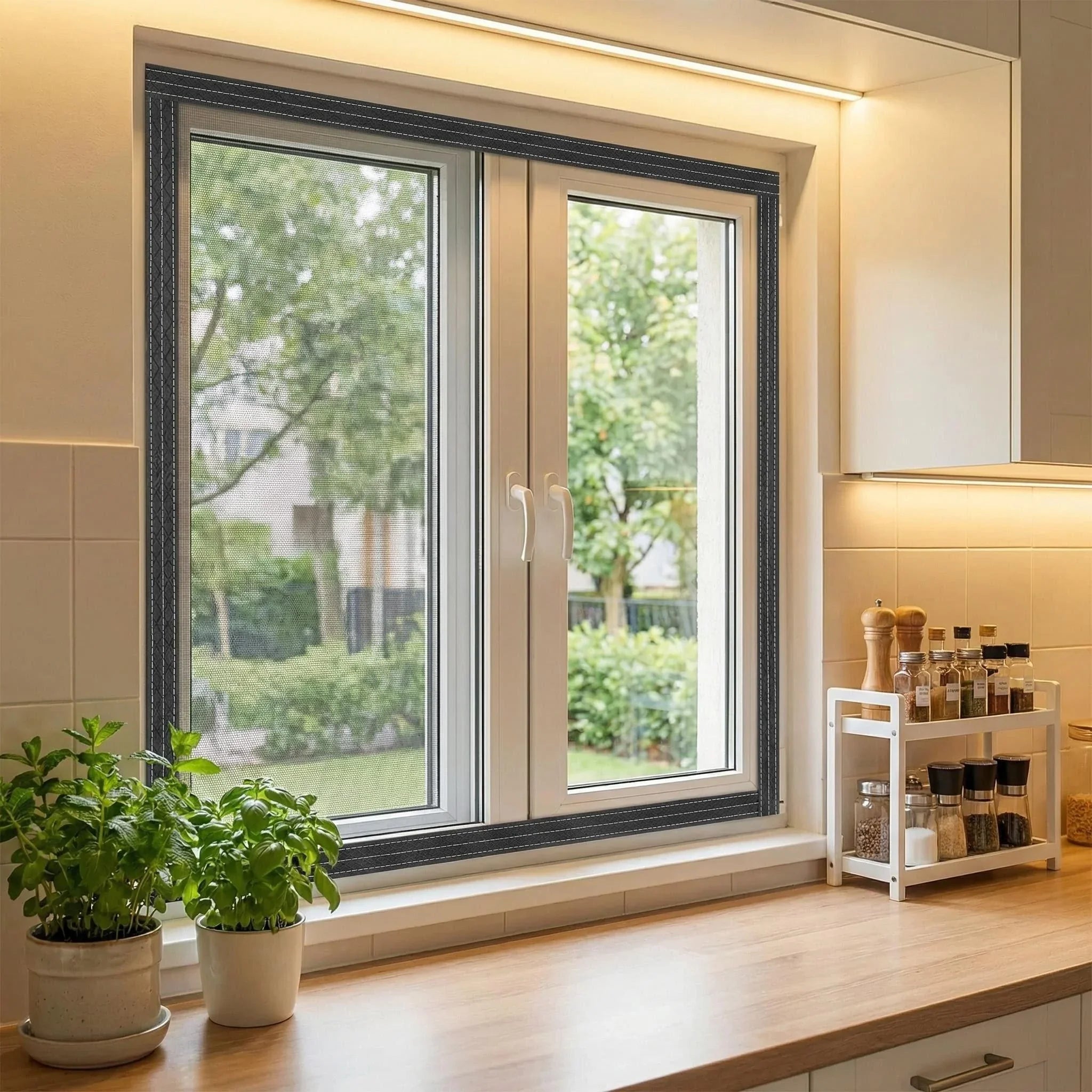 Custom screen window in modern kitchen with garden view, spice rack, and potted basil