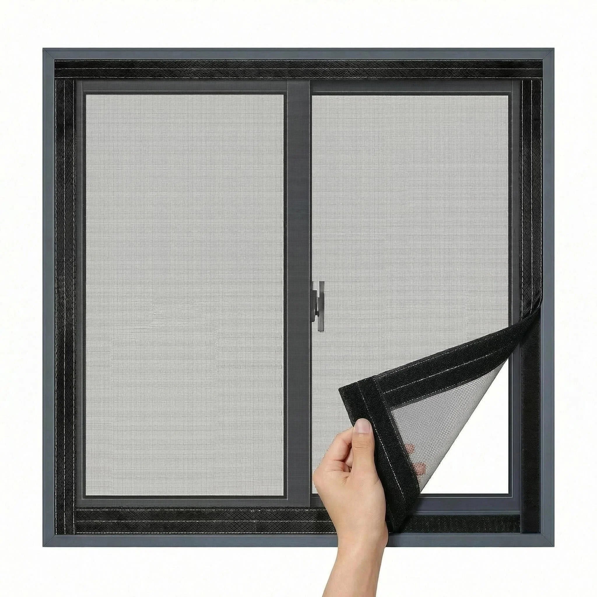 Hand peeling back a removable mesh window screen for insect protection