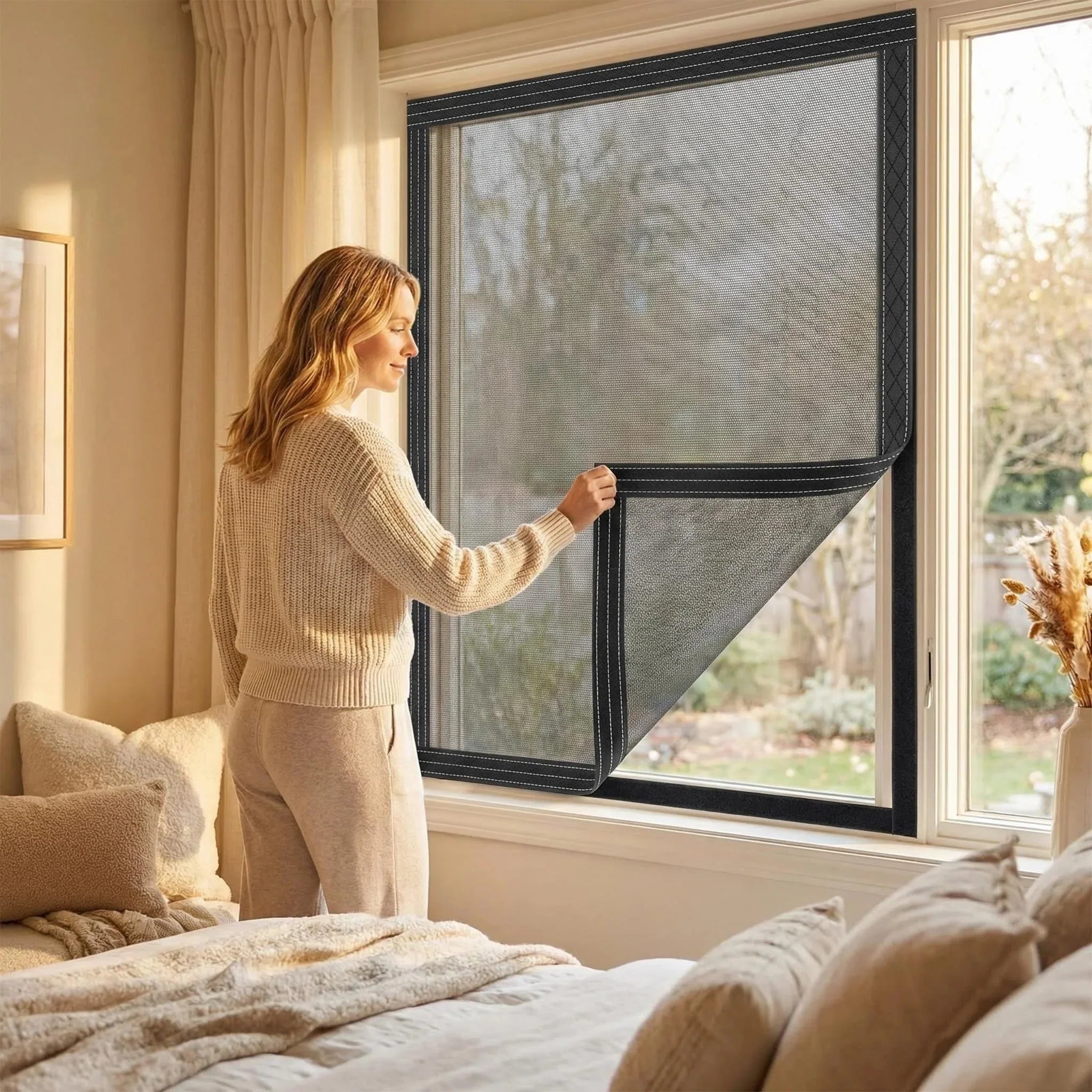 Woman installing a magnetic mesh window screen in a cozy bedroom with natural light