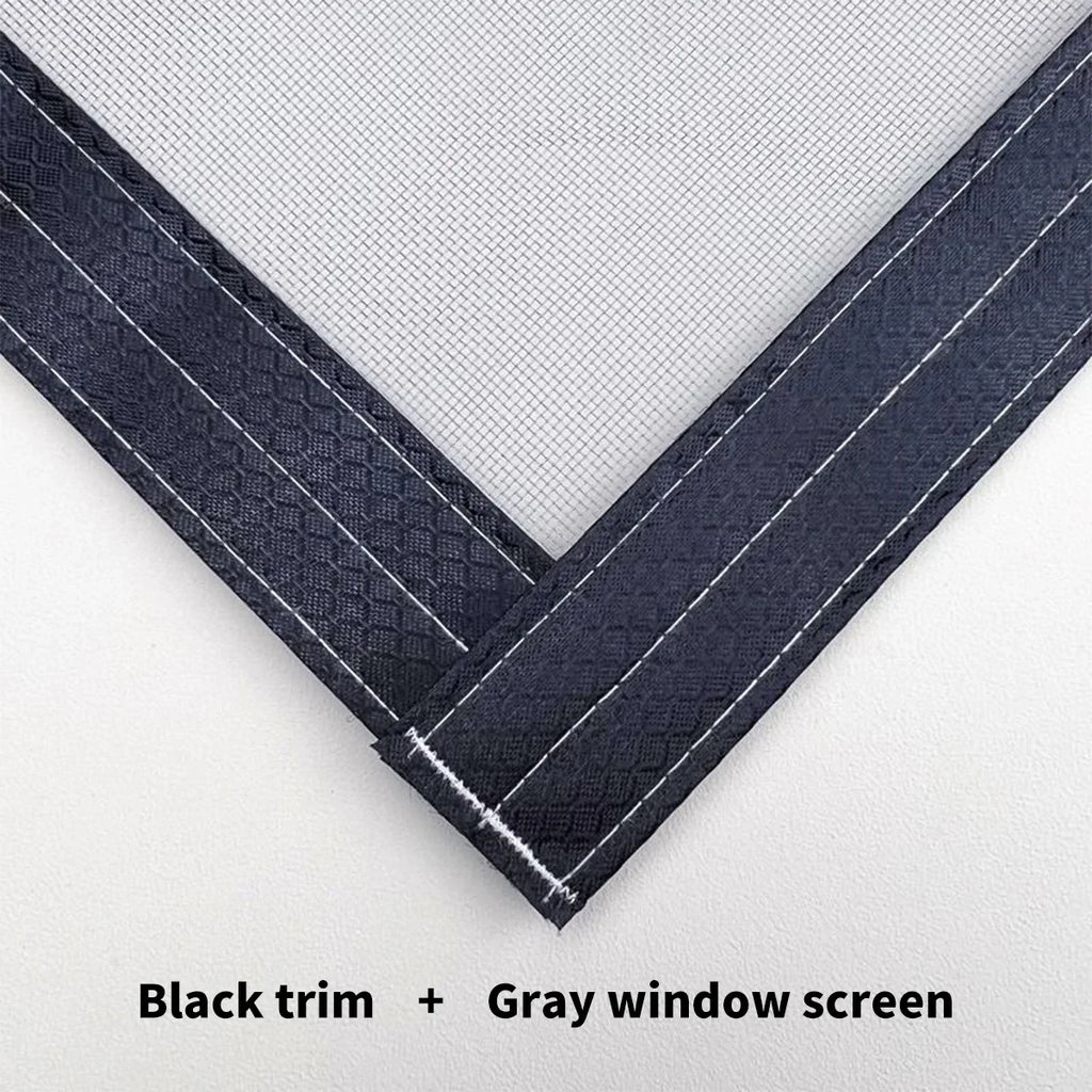 Corner close-up of gray window screen with black trim, reinforced stitching visible