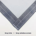 Close-up of gray window screen mesh with patterned gray trim, home window accessory.