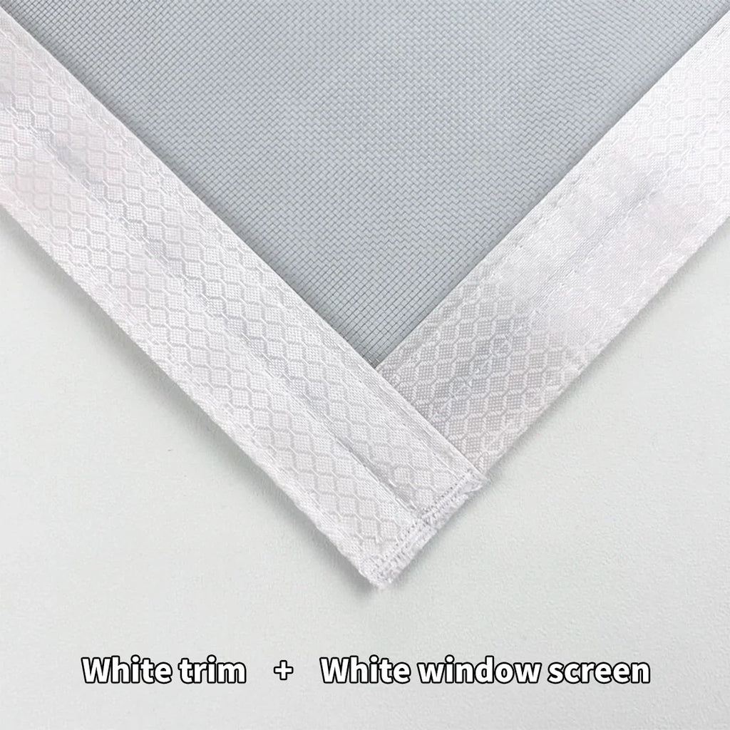 Corner of a white window screen with white trim, close-up detail of mesh and border.