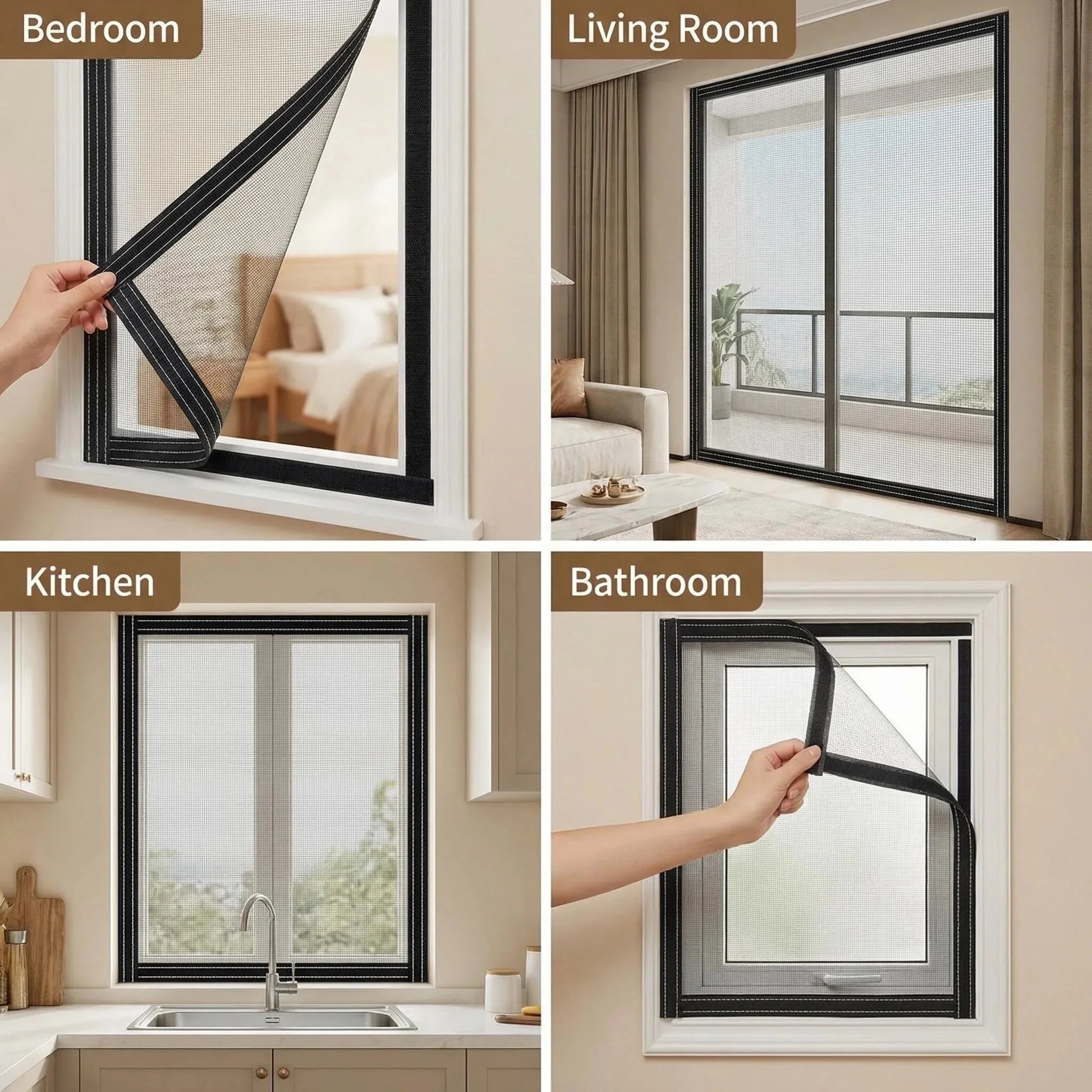 Removable custom screen doors and windows for bedroom, living room, kitchen, and bathroom.