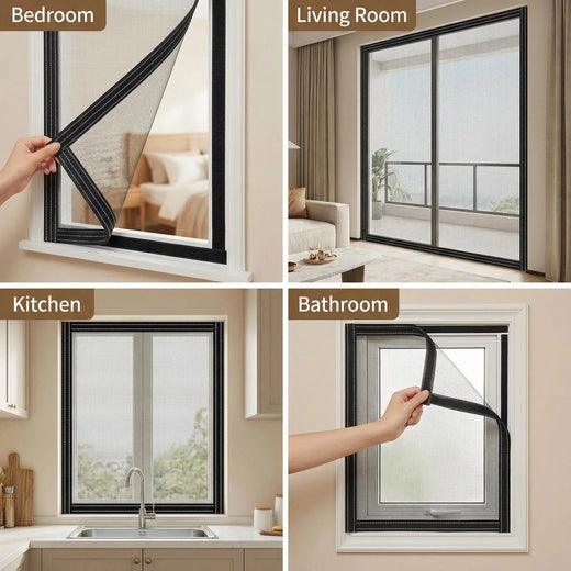 Removable custom screen doors and windows for bedroom, living room, kitchen, and bathroom.