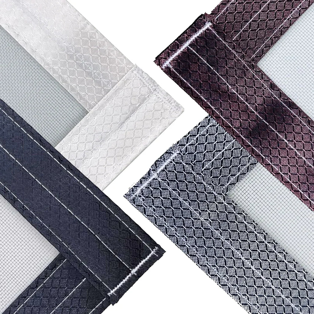 Custom screen door mesh in white, black, and brown with textured borders